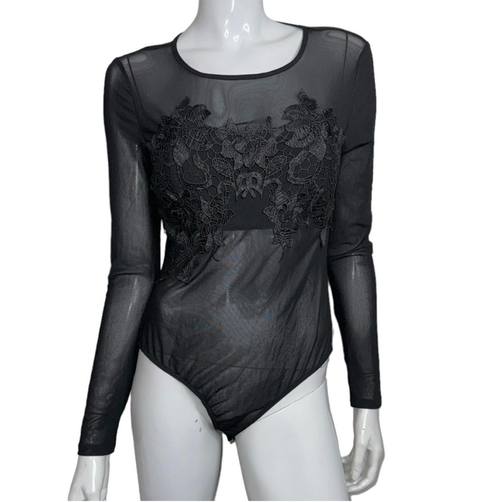 Haute Monde Black Embroidered Lace Floral Front Sheer Long Sleeve Bodysuit